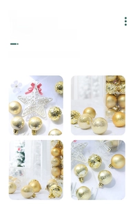 Macro view of gold Christmas ornaments with glitter textures and a white star ornament