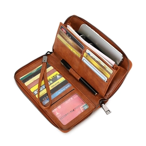 Brown oil wax leather RFID long wallet with wrist strap and multi-card slots design