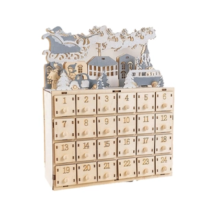 Wooden Christmas 24-day advent calendar featuring winter scene with festive car and house