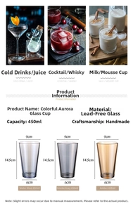 Detailed macro view showing the 450ml colorful aurora glass cup dimensions and material