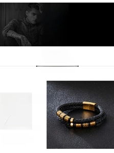 Detail of black woven leather bracelet with 316L gold stainless steel magnetic clasp