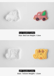 Detail of Christmas cookie cutters showing truck and JOY reindeer patterns with dimensions