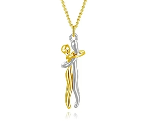 Close-up of gold and silver hugging pendant featuring a detailed twisted Singapore chain