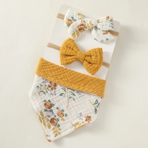 3-piece baby bib and nylon headband set with floral patterns and ginger yellow cotton bow