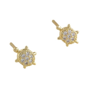Golden turtle stud earrings with white cubic zirconia pavé in a minimalist animal design