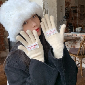 Detail of beige knit glove with red French embroidery on a white woven label tag