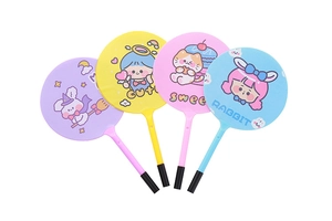 Close-up of portable cartoon handheld fans with macaron colors and plastic ballpoint pen handles
