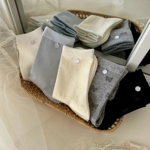 Détail de chaussettes en tricot avec boutons de perles dans un panier