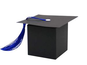 Detail of black graduation cap candy box with blue tassel for graduation party favors