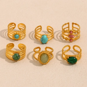 Vintage 18K gold plated stainless steel open ring set with various natural stones