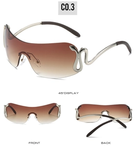 Detail view of Y2K wrap-around sunglasses with silver snake metal temples and gradient lenses