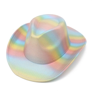 Top view showing the metallic holographic rainbow texture of the western cowboy party hat