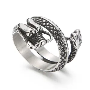 Dragon Ring Vintage Stainless Steel Adjustable Open Band Retro Gothic Punk Jewelry For Men