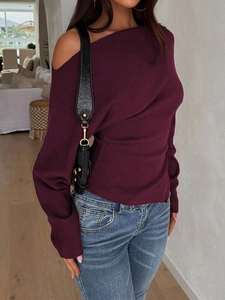 Women's off-shoulder long sleeve knit sweater in deep wine red for casual vacation style