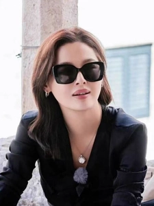 Close-up of stylish oversized black square frame sunglasses worn by a fashion model