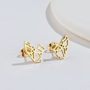 Macro shot of minimalist gold stainless steel geometric hollow squirrel stud earrings