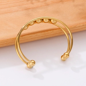 French style double-layer gold titanium steel open bangle with sliding beads for women
