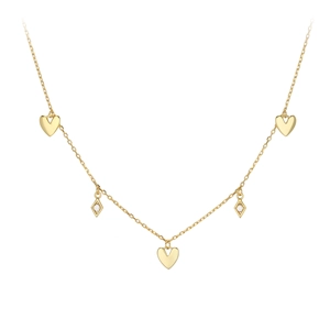 Gold necklace with heart charms and diamond rhombuses on a clean white background