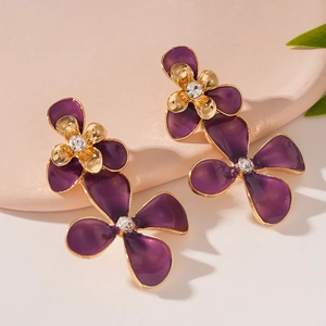 Purple Flower Drop Earrings Copper Enamel Rhinestone With 925 Sterling Silver Earring Post Vintage Floral Jewelry For Women