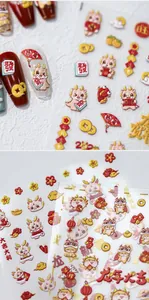 5D embossed Chinese New Year nail stickers with 3D dragon, mahjong, and koi fish patterns
