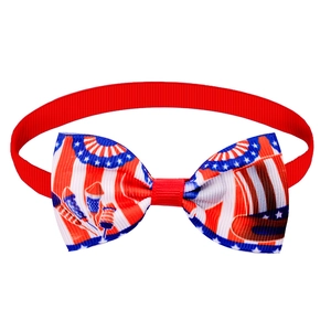 Detailed close-up of Independence Day pet bowtie with American flag stars and stripes pattern