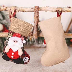 Christmas stocking set with Santa Claus 3D doll and red plaid fabric hanging decoration