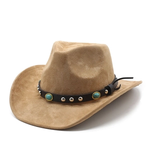 Western Cowboy Hat Retro Faux Suede Wide Brim Fedora With Turquoise Studded Leather Band Ethnic Style For Men Women
