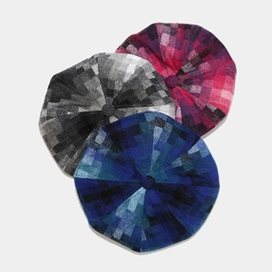 Three retro plaid beret hats for women and men in pink, grey, and blue wool blend fabric
