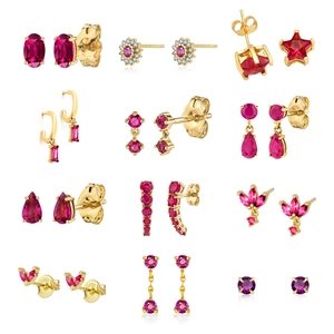 Magenta Rhinestone Geometric Stud Earrings Women 925 Sterling Silver Post Gold Plated Copper Jewelry Star Heart Flower