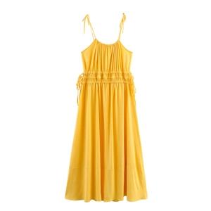 Women Summer Maxi Dress Sleeveless Tie Strap Smocked High Waist Solid Color Polyester Vacation Style Elegant