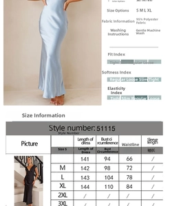 Size guide for elegant backless V-neck maxi dress with length, bust, and waist measurements