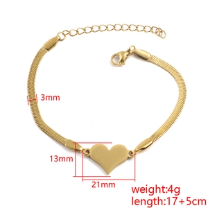 Gold stainless steel heart charm flat snake chain bracelet with adjustable 5cm extension