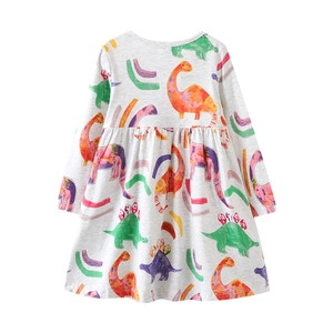 Robe fille à manches longues en coton gris chiné avec imprimé dinosaure coloré