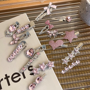 Chic pink rhinestone heart and bow metal hair clips collection in elegant ins style