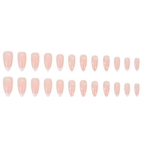 Almond press-on nails with pink base, white hearts, and French silver glitter tips