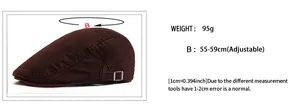 Size chart for vintage washed ivy cap showing 55-59cm adjustable head circumference