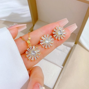 Titanium sunflower jewelry set with sparkling baguette zircon necklace and earrings