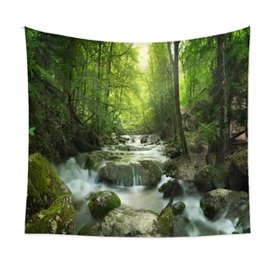 Detailed view of forest stream tapestry with cascading waterfalls and lush greenery scene