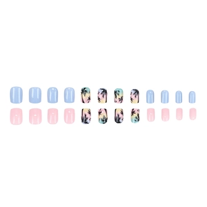 Tropical macaque pink and blue press-on nails set with black palm tree silhouettes