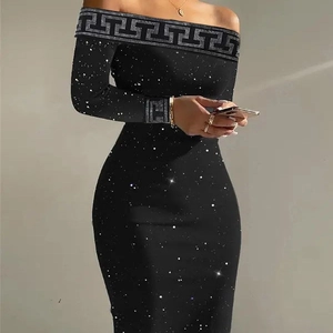 Off Shoulder Midikleid Langarm Bodycon Pailletten Glitzer Elegant Slim Fit Party Clubwear Geometrischer Griechischer Besatz