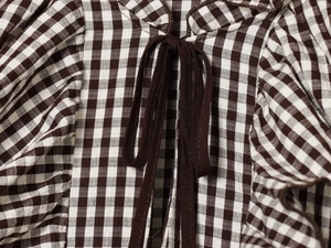 Detailed view of women's plaid shirt neck tie and textured woven cotton fabric detail