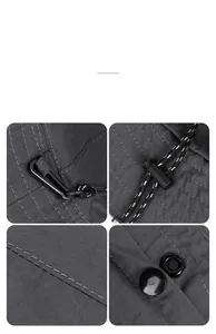 Detail shots of outdoor hat features including a swivel hook, drawstring, and press studs