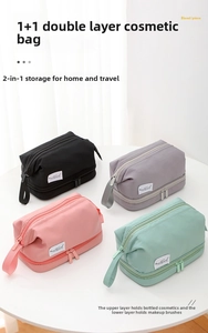 Macro view of double-layer makeup bags in four colors with smooth zippers and handles