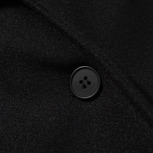 Black double-breasted long sleeve wool coat with matte button and fine texture