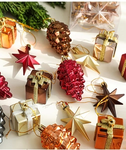 Detailed view of assorted electroplated Christmas ornaments with star and pinecone shapes
