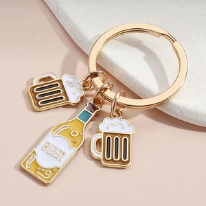 Creative beer theme keychain with mugs and BEER bottle pendants on a gold metal ring