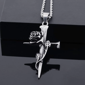 Vintage stainless steel cross pendant with rose vines on a silver twist chain