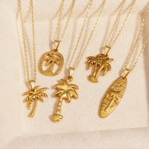 Coconut Palm Tree Surfboard Pendant Necklace Gold Plated Stainless Steel Summer Beach Holiday Style For Women Men