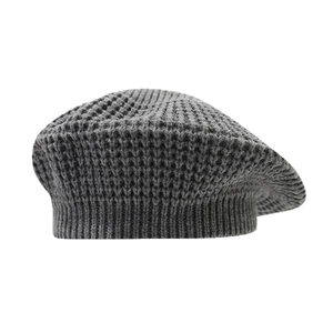 Gray knitted beret with waffle texture weave for women in a minimalist Japanese style