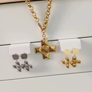 Vintage 18k gold-plated chunky chain cross necklace and matching earring set for women